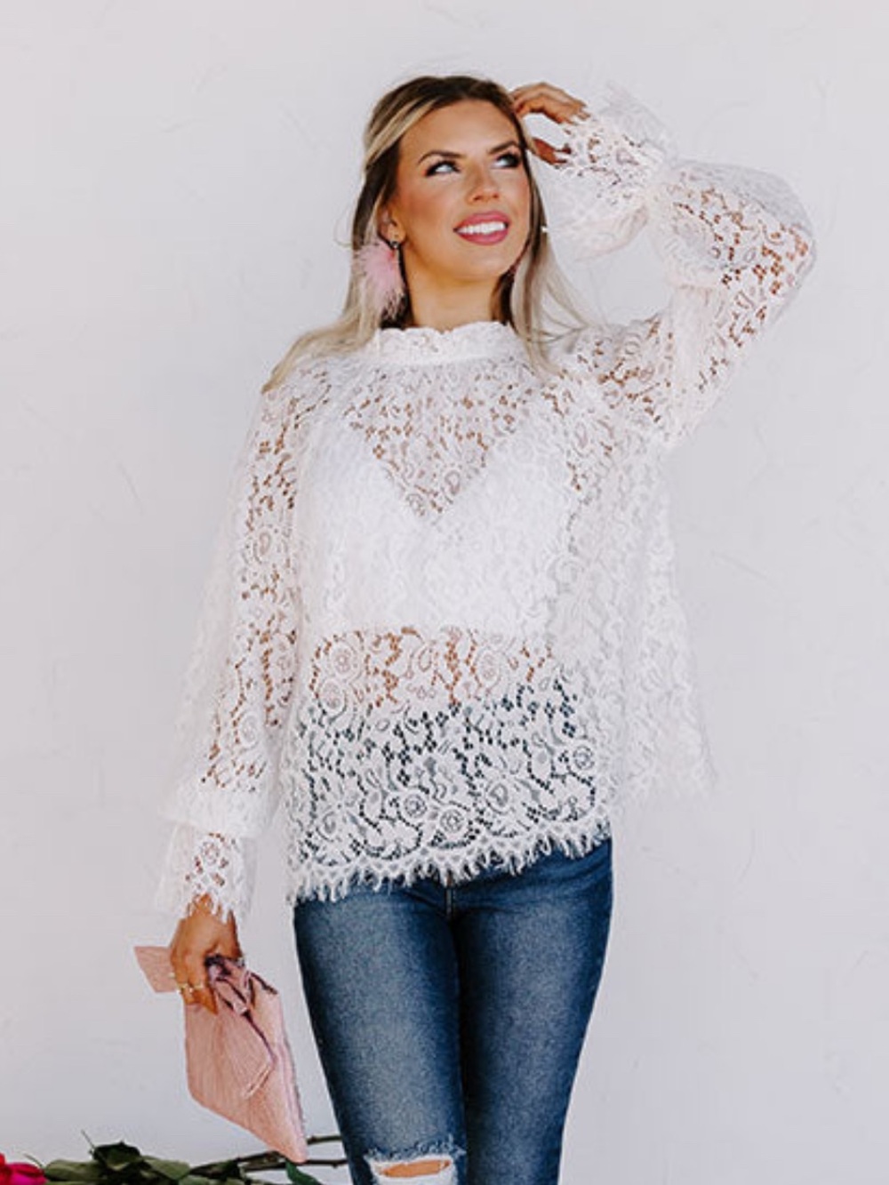 Impressions White Floral Lace Long-Sleeve Blouse